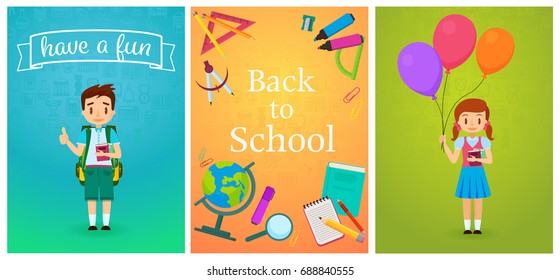 Welcome back to school. Cute school pupils kids templates and baners. Pupil Boy with backpack and girl with ballons. School study equipment cartoon vector illustration.
