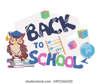 Welcome back to school with cute wise owl, vector template. Banner for the beginning of the school year.