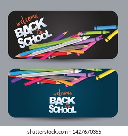 Welcome back to school design banner card with realistic colorful pencils and crayons. Vector illustration.