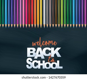 Welcome back to school design card with realistic colorful pencils. Vector illustration.