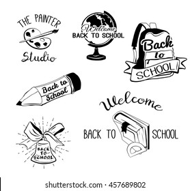 Welcome Back to School Design Collection label. Globe, pencil, book, backpack, school bell. Lettering bsck to school badge. Calligraphy education set.