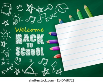 Welcome back to school.  design with  colorful pencils , note book and drawing on chalkboard. Vector .