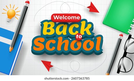 Welcome back to school design featuring pencils, books, and paper airplanes. Ideal for educational posters, greeting cards, and social media graphics.