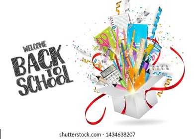 Welcome back to school design. Open gift box with red ribbon band. Study supplies and falling out confetti and ringlets. Advertisement concept. Realistic vector illustration.