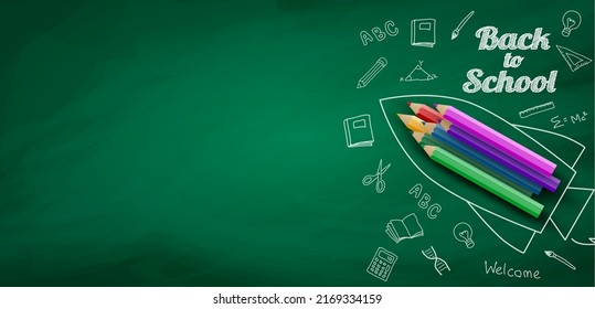 Bienvenido de vuelta a la escuela. diseño con lápiz y mano dibujada en pizarra. Vector.