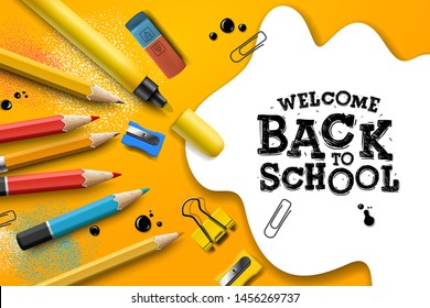 Welcome Back to school design with pencils and typography lettering. Vector School illustration for poster, web, cover, ad, greeting, card, social media, promotion.