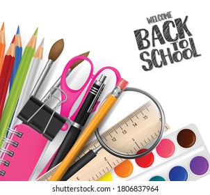 Willkommen zurück zum Schuldesign mit realistischen Vorräten. Vektorgrafik.