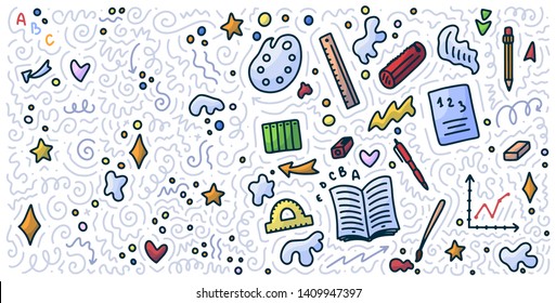 Welcome back to school doodle background. Template for sale banner. Hand drawn elements. Education concept. Typography emblem. Vector illustration