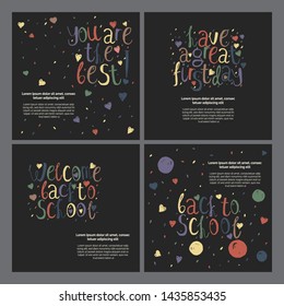 Welcome back to school doodle cards templates, greetings set, universal design