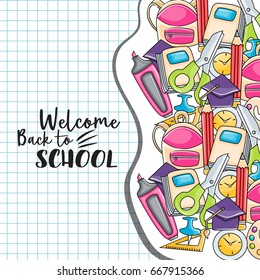Welcome back to school doodle clip art greeting card. Cartoon vector illustration for flyer to banner. Typography script text. 