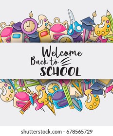 Welcome back to school doodle clip art greeting card. Cartoon vector illustration for flyer to banner. Typography script text
