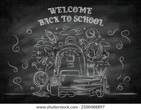 Welcome back to school doodles on a blackboard background. Vector illustration background drawing for stationery items doodle background social media design greetings