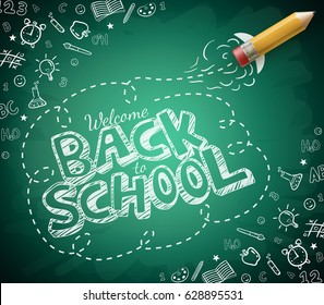 Welcome Back to School Drawing in Green Chalkboard Background. Vector Illustration

