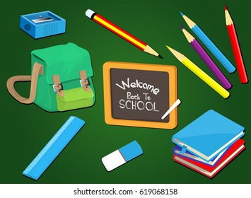 Welcome back to school. Education background design with school supplies set. Colorful vector illustration. 