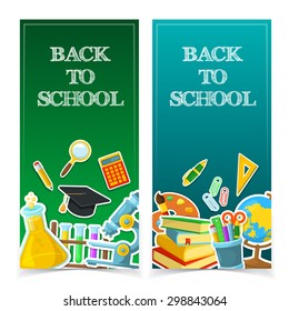 Welcome back to school. Education banners design. Colorful school objects and text.