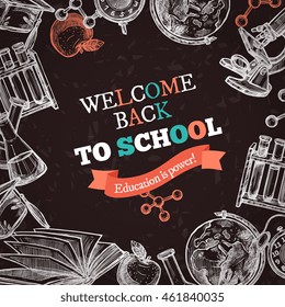 Welcome back to school education hand drawn sketch chalkboard poster with tools for studying and colorful letters on textural background vector illustration
