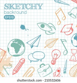 Welcome back to school. Education sketchy background. Doodle style. Eps 10 vector illustration.