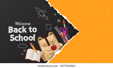 Welcome back to school. school equipment with bag, book, pencil and others. background with paper cut and doodle designs