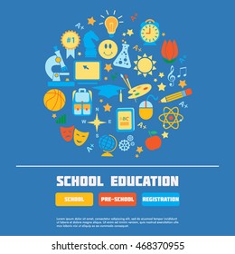 Welcome Back to School flat icon banner, web site elements. School activities, Science, Art, Sport, technology education concept. Use for youth targeted product decoration, illustration, infographics.