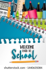 Welcome back to school flyer or brochure with torn out sheet of papar as a background and realistic 3d study items - ring notebook, markers, crayons, ruler, pencil with erasor, calculator.