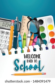 Welcome back to school flyer or brochure with torn out sheet of papar as a background and realistic 3d study items - ring notebook, markers, crayons, ruler, pencil with eraser, calculator.