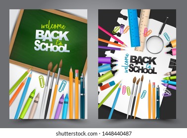 Welcome back to school flyer or poster set. Template for retail marketing, shopping promotion. Study supplies over green chalkboard and torn out sheet of paper. Vector illustration.