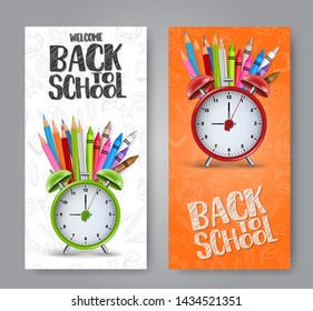 Welcome back to school flyer  or vectical banner set with realistic alarm clock, coloring pencils, and crayons.  Chalk style text sign. Vector illustration.