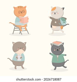 Welcome Back to school with funny school animal characters flat vector illustration. cats cartoon charater design with subject learning in school colorful vector illustration