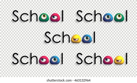 Welcome back to school. Funny header with colorful 3D eyes. Humorous design elements. Vector illustration.