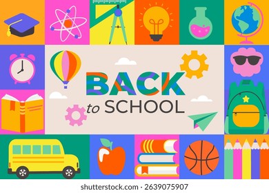 Welcome back to school geometric cover, poster with school stationery elements-pencils,books,globe. School educational template for advertise,web,poster,banner in square tile style.Vector illustration