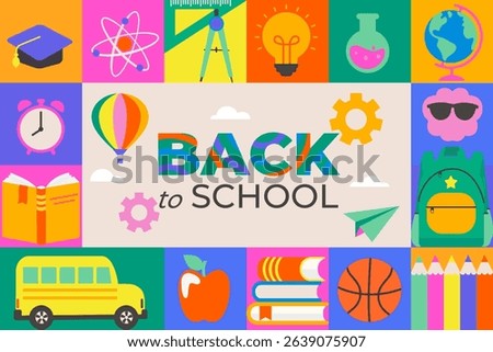 Welcome back to school geometric cover, poster with school stationery elements-pencils,books,globe. School educational template for advertise,web,poster,banner in square tile style.Vector illustration