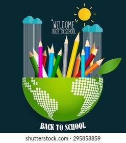 Welcome back to school with globe and Color pencils background, vector illustration.