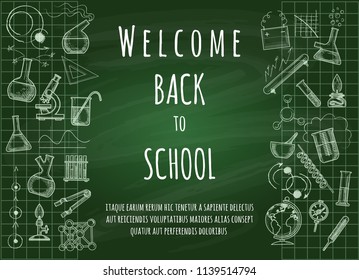 Welcome back to school. Green chalk board doodle education background for students and teachers, vector illustration