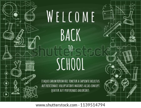 Welcome back to school. Green chalk board doodle education background for students and teachers, vector illustration