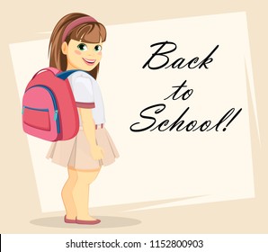 Welcome Back to School greeting card, poster or flyer. Girl is ready for school, cartoon character with a pink backpack. Vector illustration