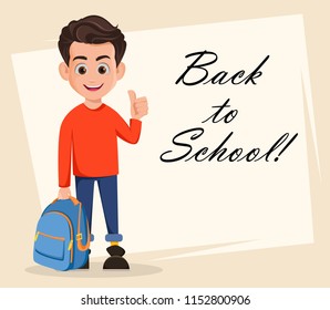 Welcome Back to School greeting card, poster or flyer. Boy is ready for school, cartoon character showing thumb up gesture. Vector illustration