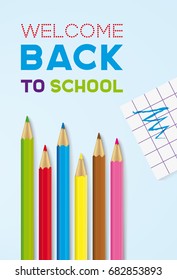 Welcome Back to school. Greeting card with colored pencils and paper. Vector illustration