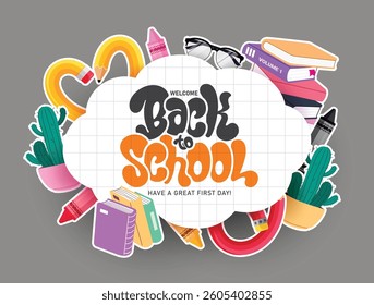 Welcome back to school greeting clip art sticker design. Back to school greeting text in cloud grid space gray background with drawing educational flat elements in white sketch outline vector illustra