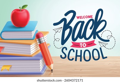 Welcome back to school greeting clipart design. Back to school greeting text clip art with books, textbooks, notebook and pencil educational elements vector illustration. 
