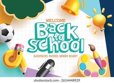 Welcome back to school greeting clipart background. Back to school text with educational colorful elements in grid lines space design vector illustration. 
