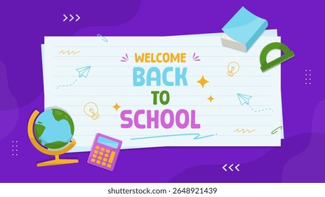 Welcome back to school greeting on purple background with paper and stationery. Back to school horizontal background template