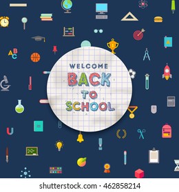 Welcome back to school  - greeting paper banner on a background with school objects and supplies