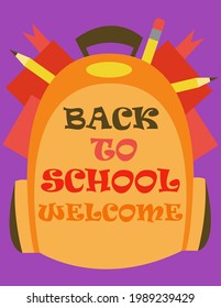 Willkommen zurück zur Schule. Grußplakat in Form einer Schulbriefdose. mehrfarbige Aufschrift. Vektorgrafik.