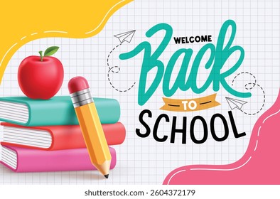 Welcome back to school greeting text clipart background. School books and pencil educational elements clip art in grid abstract background vector illustration.
