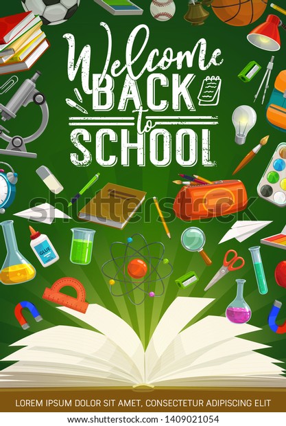 Welcome back to school grunge calligraphy and\
stationery tools. Vector microscope and glue, light and lamp,\
chemical and physics flasks, compass divider and magnet. Pencil\
case, watercolor\
paintings