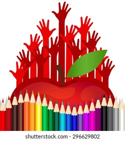 Welcome back to school with Hand, Apple and Color pencils background, vector illustration.