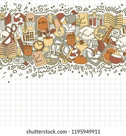 Welcome Back to School Hand Drawn Supply doodles background. Vector illustration of cartoon back to school supplies. Back to School Banner from set of cartooning icons of education, science objects