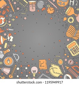 Welcome Back to School Hand Drawn Supply doodles background. Vector illustration of cartoon back to school supplies. Back to School Banner from set of cartooning icons of education, science objects