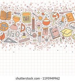Welcome Back to School Hand Drawn Supply doodles background. Vector illustration of cartoon back to school supplies. Back to School Banner from set of cartooning icons of education, science objects