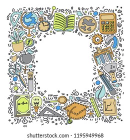 Welcome Back to School Hand Drawn Supply doodles background. Vector illustration of cartoon back to school supplies. Back to School Banner from set of cartooning icons of education, science objects